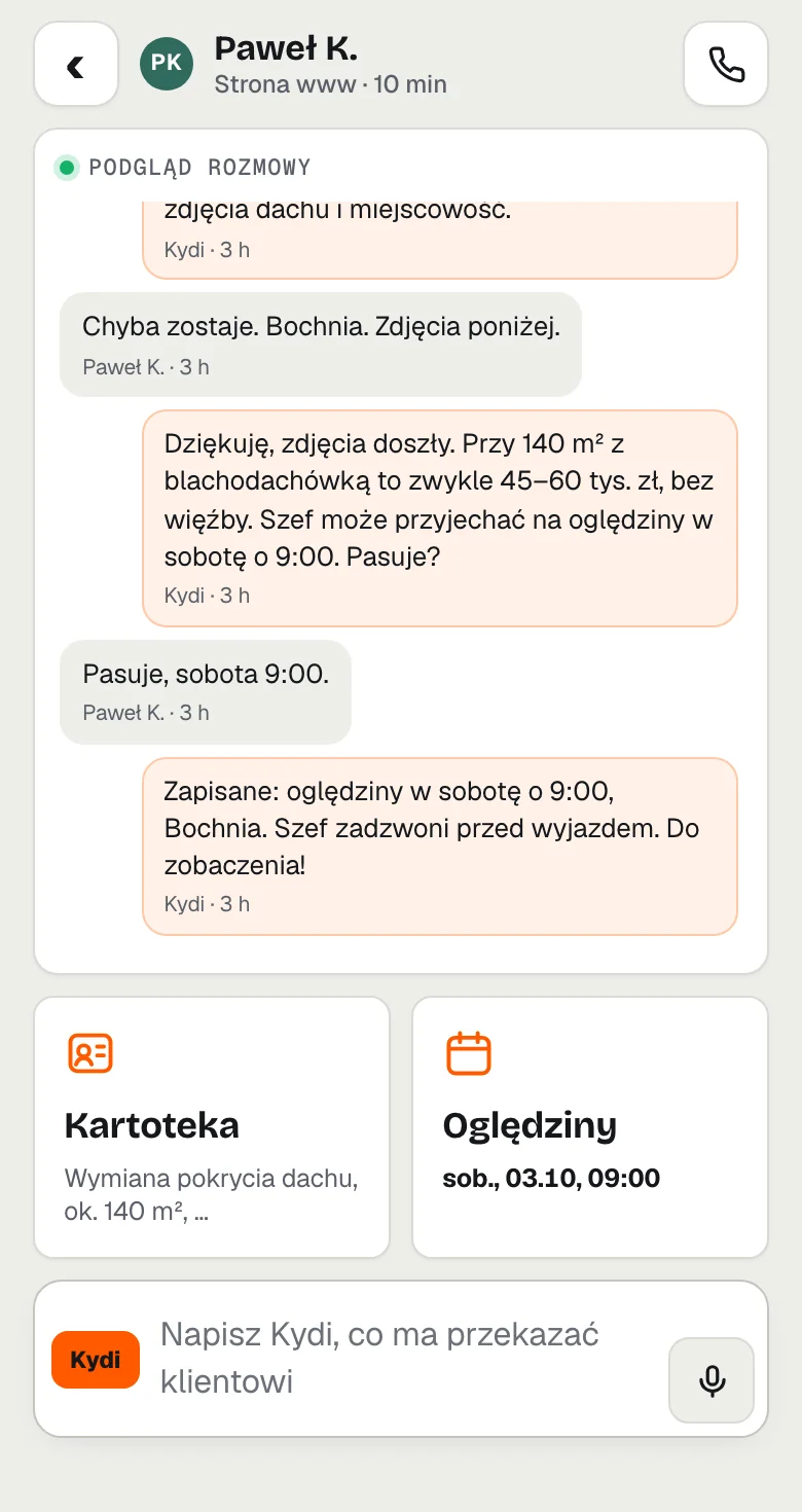 Karta klienta w aplikacji Kydi: zakres prac, adres, zdjęcia i termin oględzin