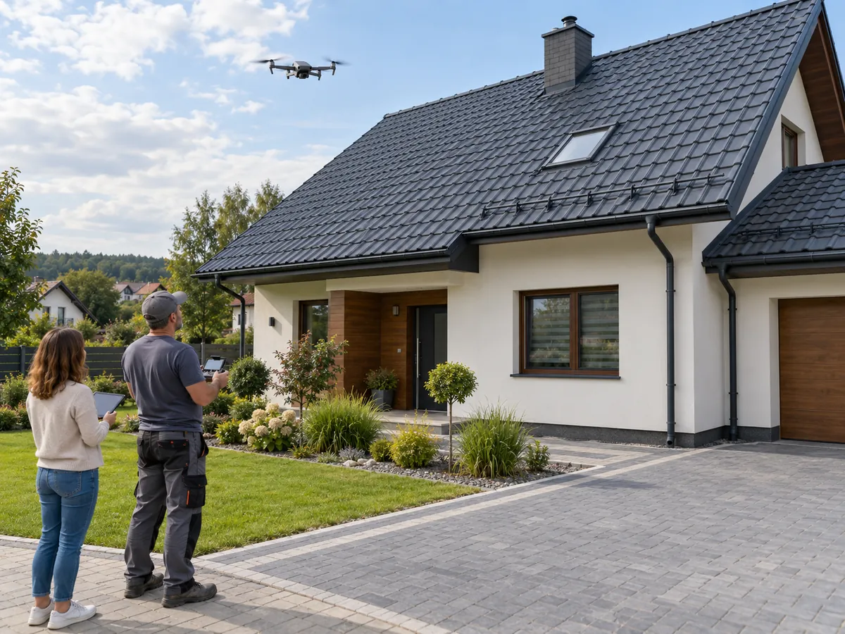 Paweł steruje dronem nad dachem, obok stoi właścicielka domu i patrzy w górę