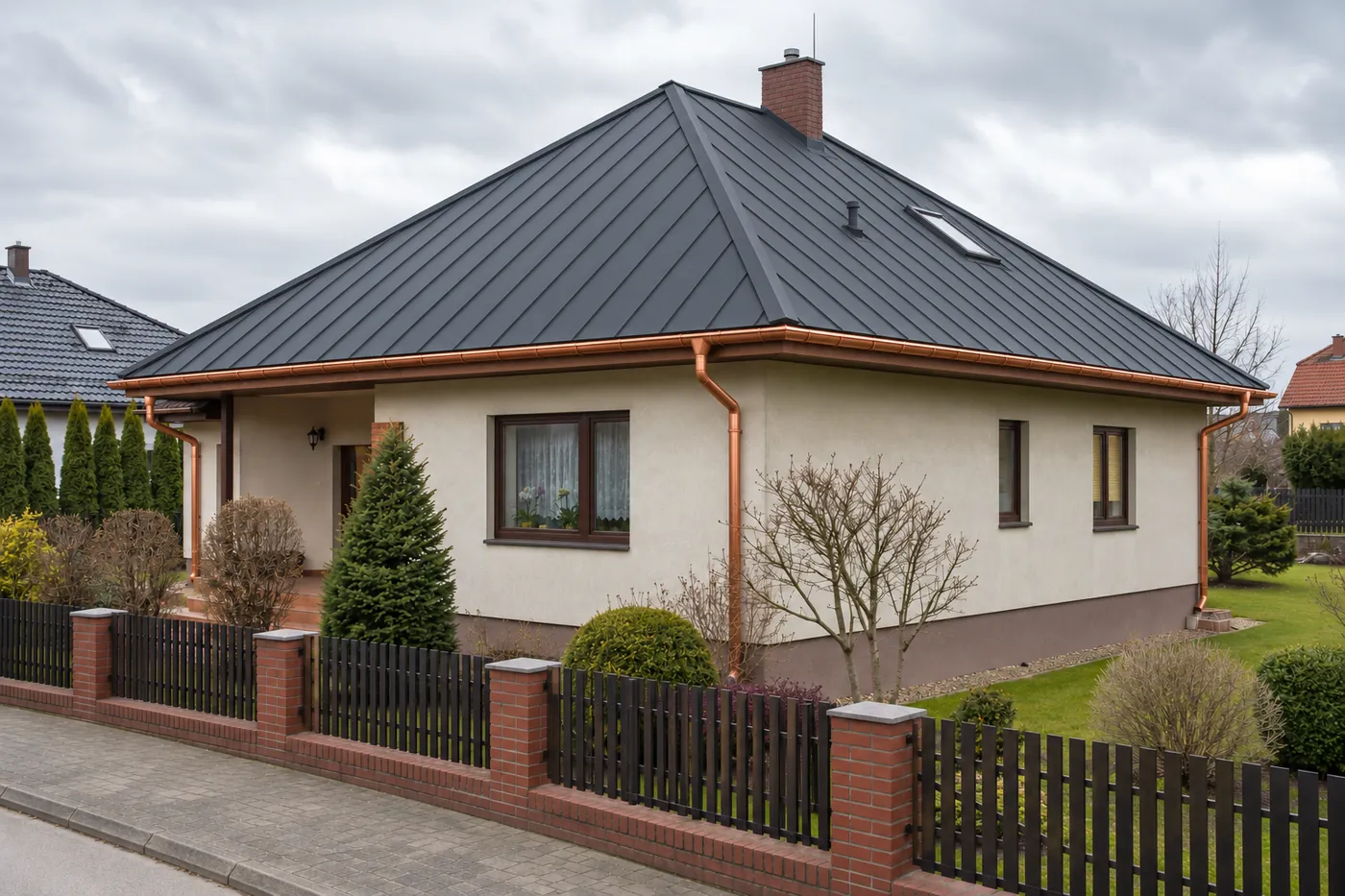 Ten sam dom z antracytowym dachem na rąbek i miedzianymi rynnami