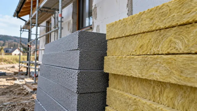 Płyty styropianu grafitowego i wełny mineralnej obok siebie na budowie