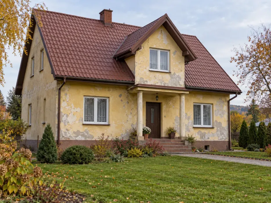 Dom z poddaszem przed ociepleniem, odpadający stary tynk