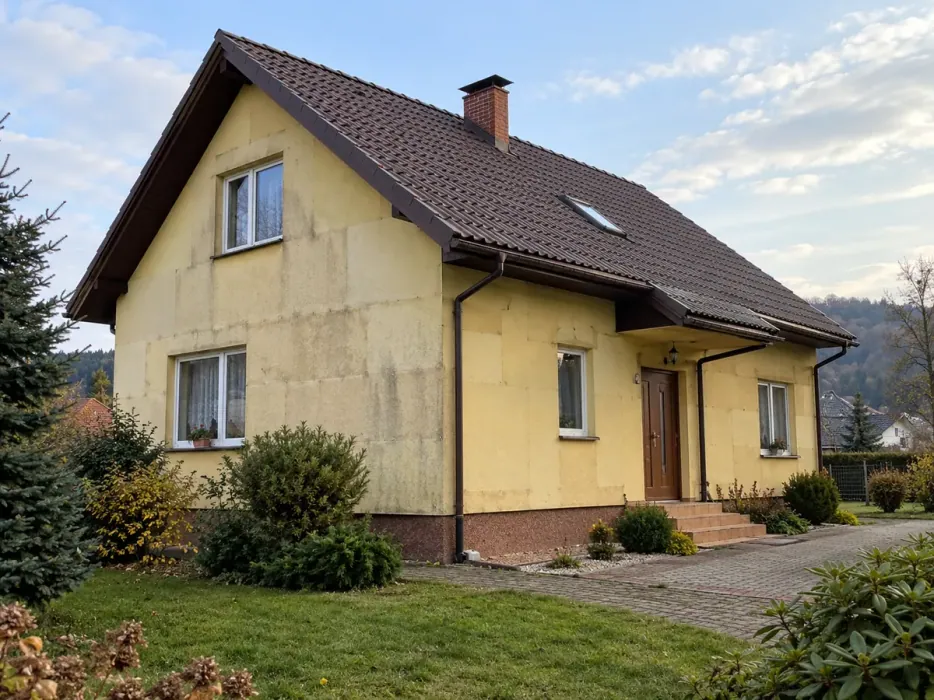 Dom z cienkim ociepleniem z lat 90., wyblakły żółty tynk