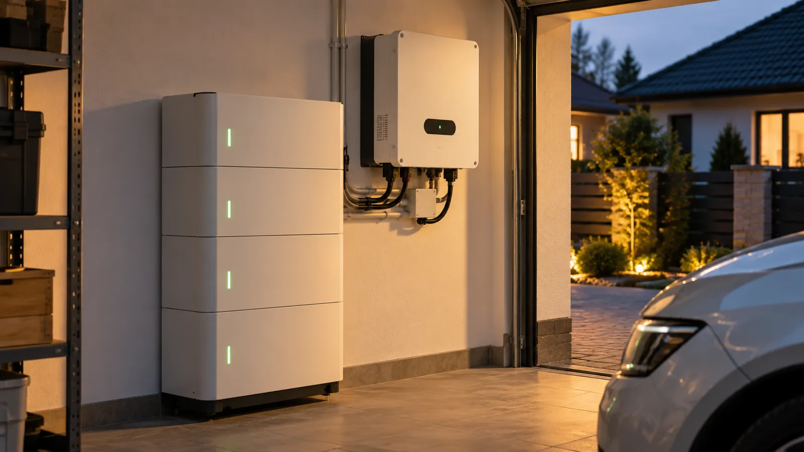 Magazyn energii na ścianie garażu wieczorem, obok samochód