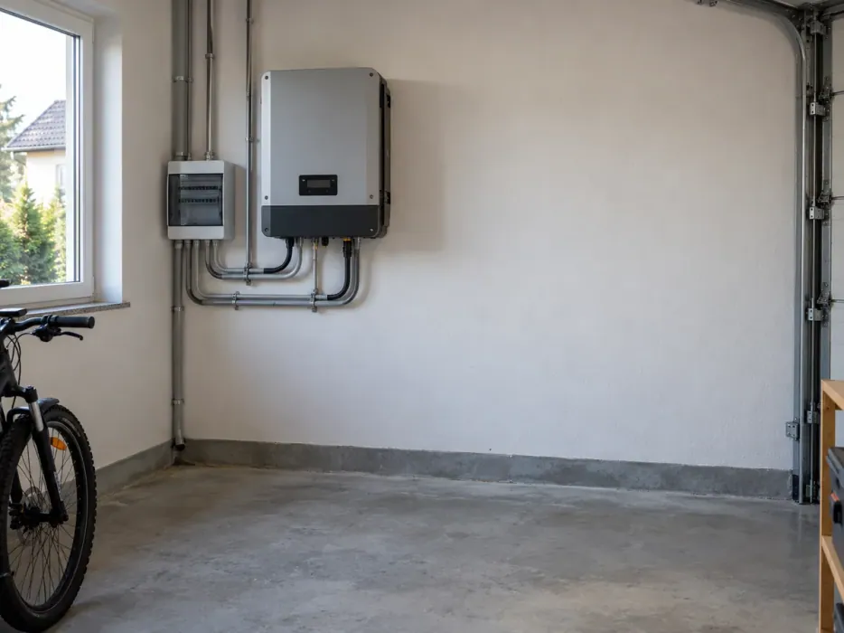 Ściana garażu ze starym falownikiem i skrzynką elektryczną