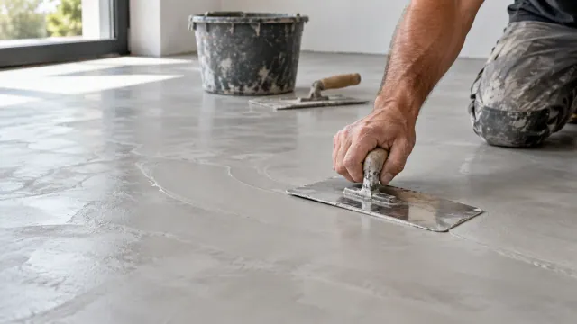 Rzemieślnik wygładza mikrocement pacą na podłodze