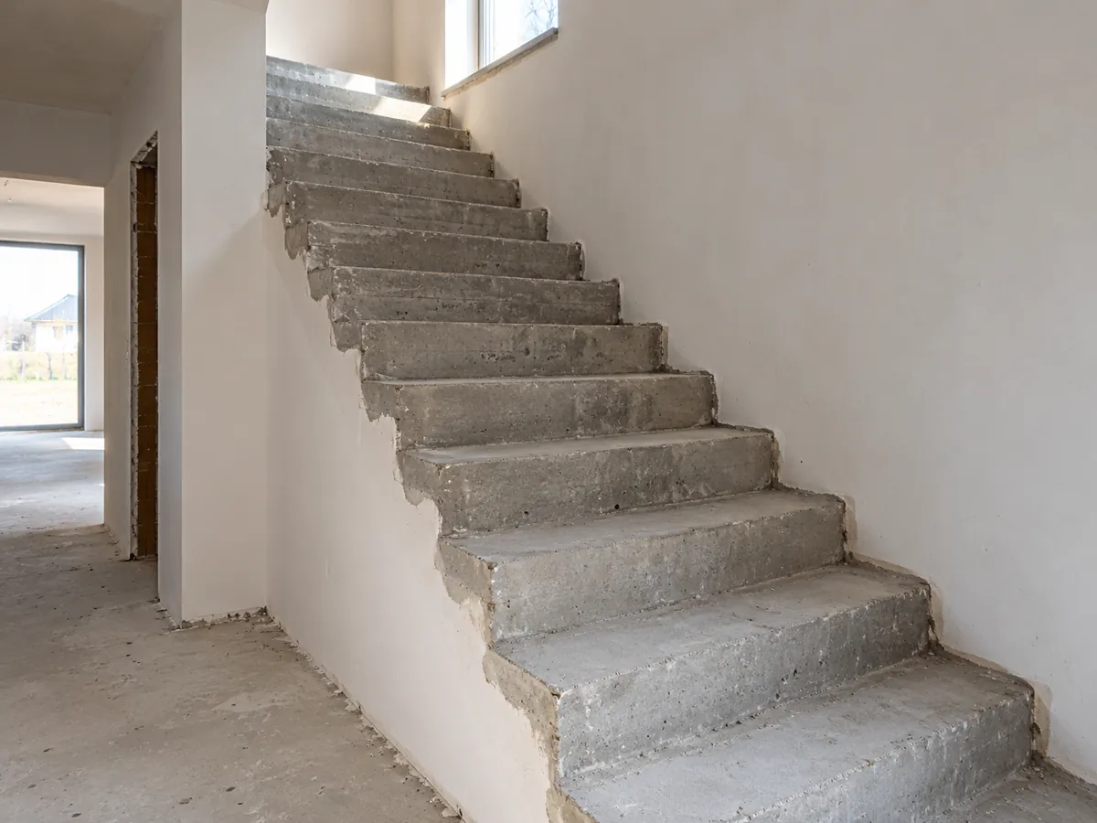 Surowe betonowe schody w domu przed wykończeniem