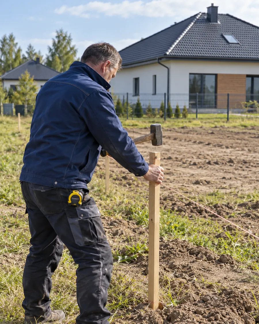 Właściciel firmy wbija palik i rozciąga sznurek wzdłuż granicy działki