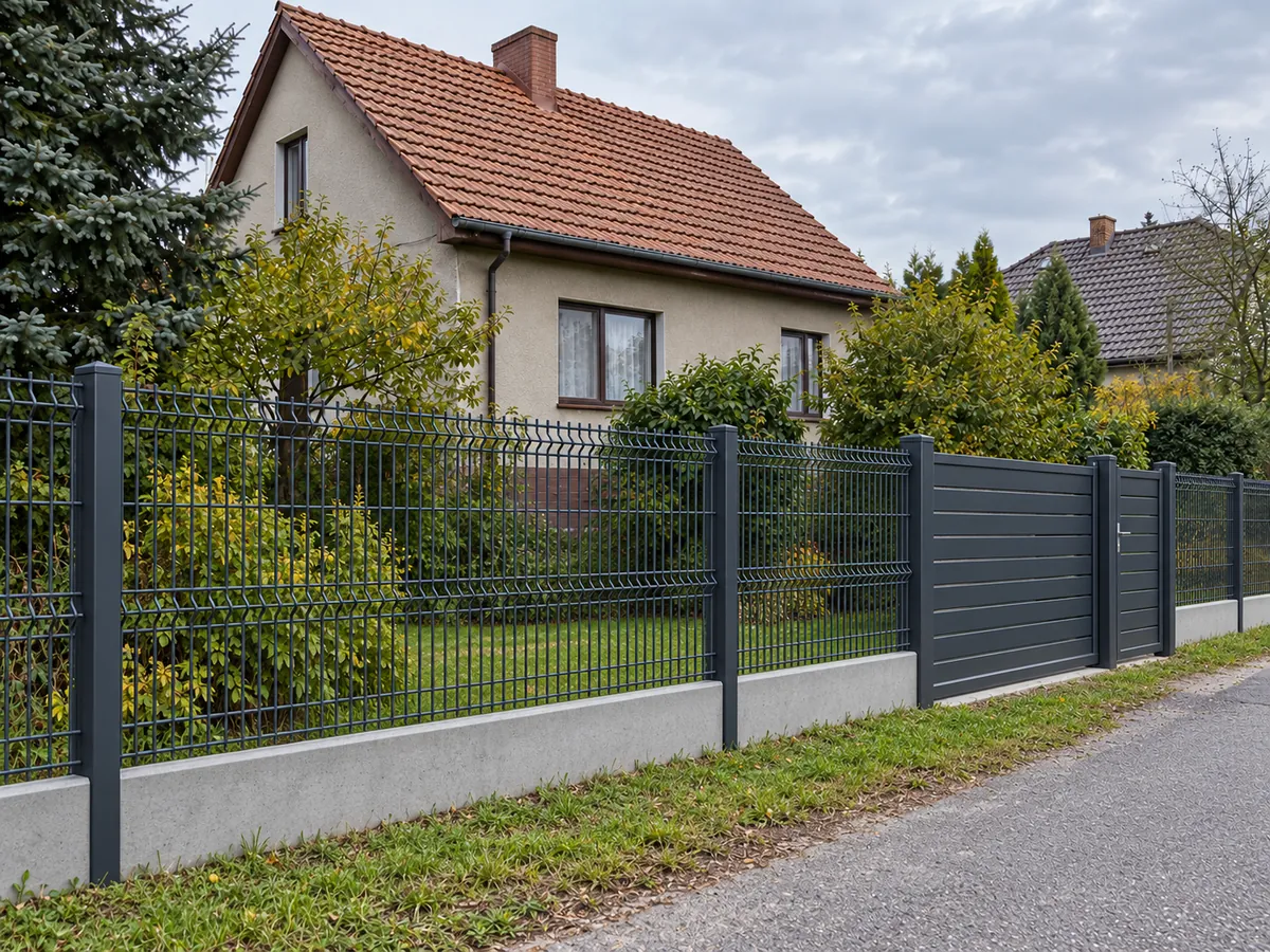 Ta sama działka z nowym antracytowym ogrodzeniem panelowym i bramą przesuwną