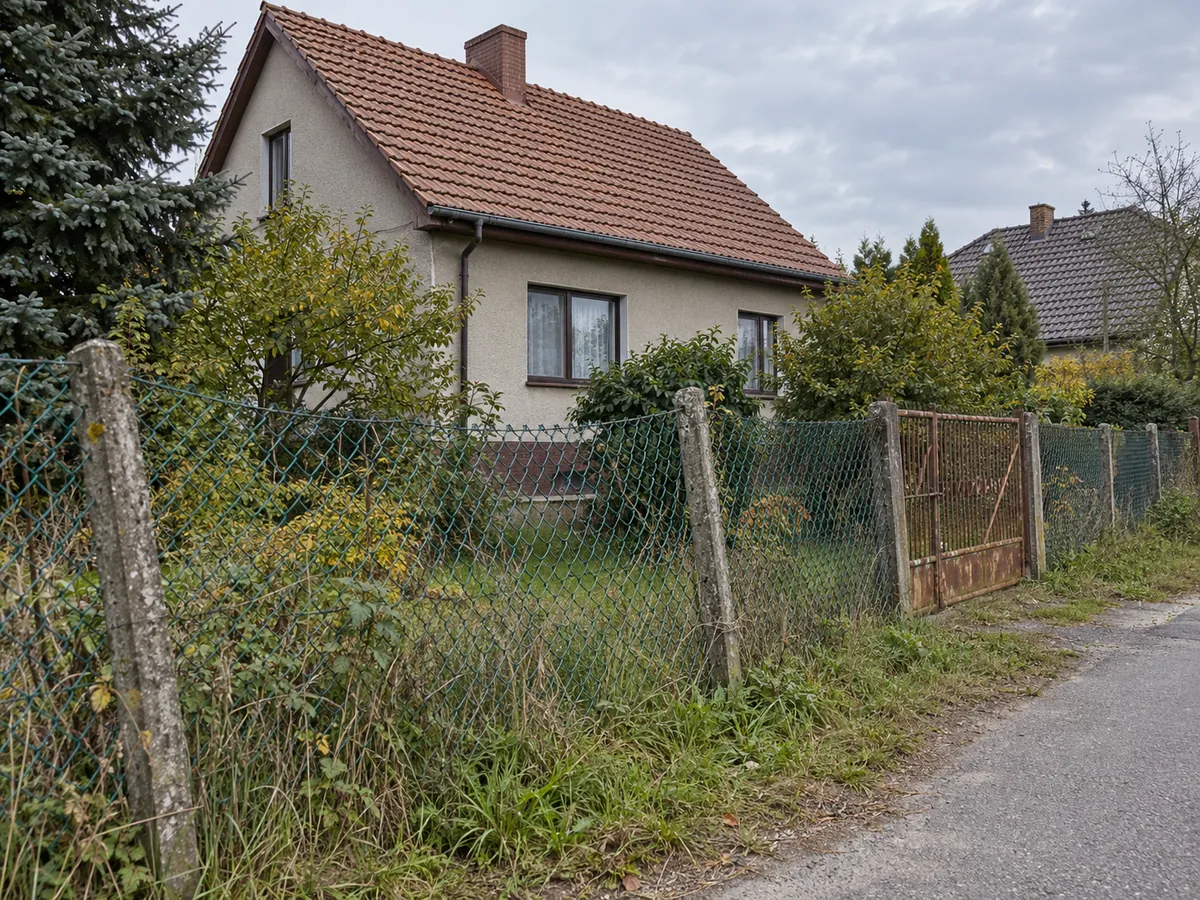 Działka ze starą, przekrzywioną siatką na betonowych słupkach