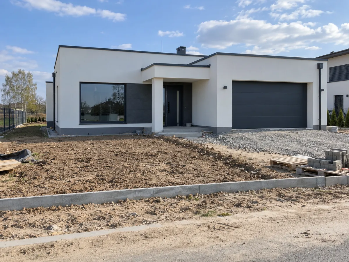 Nowy dom bez ogrodzenia od ulicy, nieutwardzony wjazd