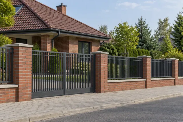 Ogrodzenie z klinkierowymi słupkami i cokołem oraz stalowymi przęsłami