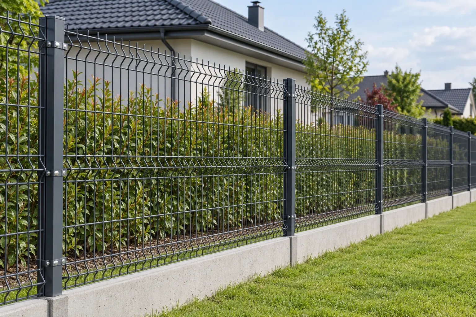 Ogrodzenie z paneli 3D w kolorze antracytowym na betonowej podmurówce wzdłuż trawnika