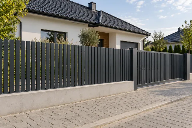 Ogrodzenie z pionowych sztachet stalowych w kolorze antracytu przed domem jednorodzinnym