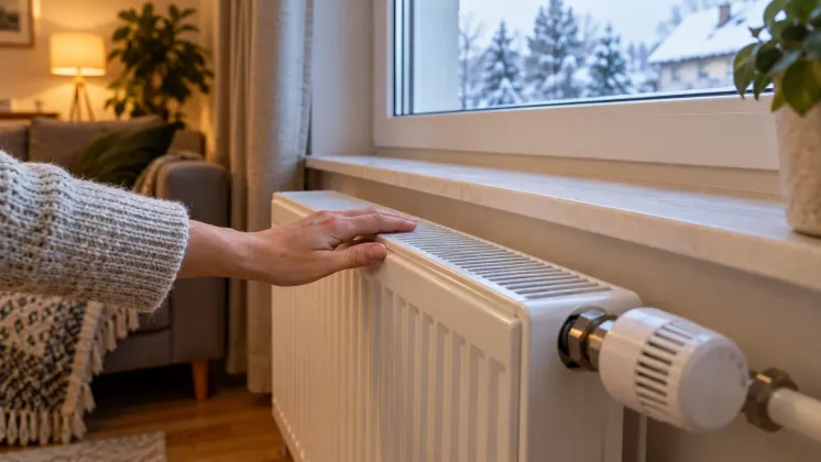 Dłoń sprawdzająca temperaturę stalowego grzejnika pod oknem