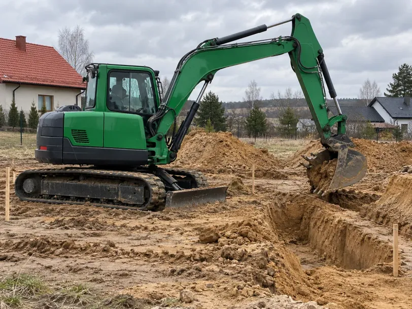 Zielona koparka gąsienicowa kopie wykop pod fundamenty domu