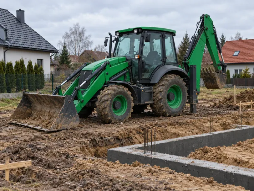 Zielona koparko-ładowarka na działce budowlanej przy wykopie pod fundament